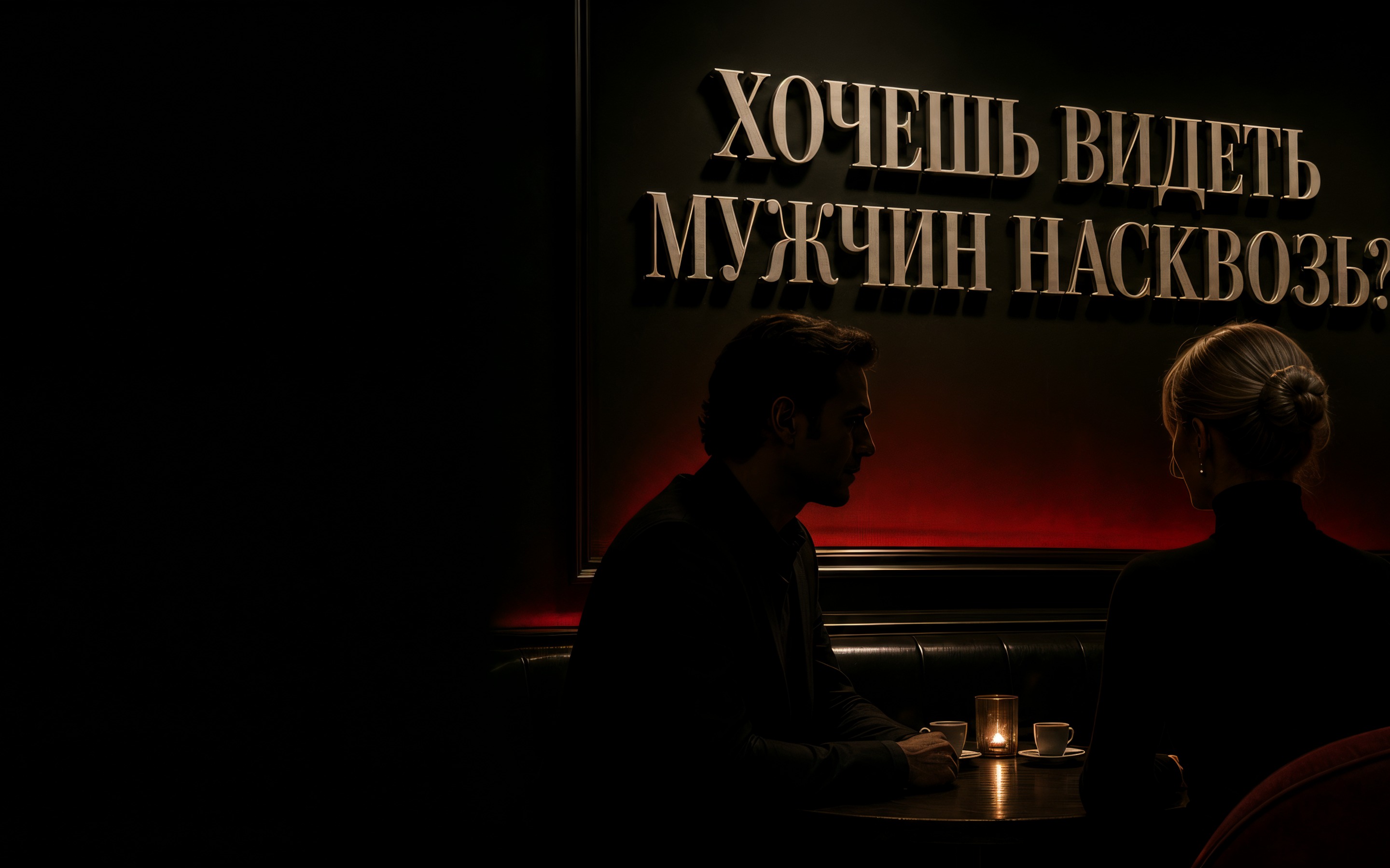 Встреча за столиком при свечах. Надпись на фотографии: «Хочешь видеть мужчин насквозь?»